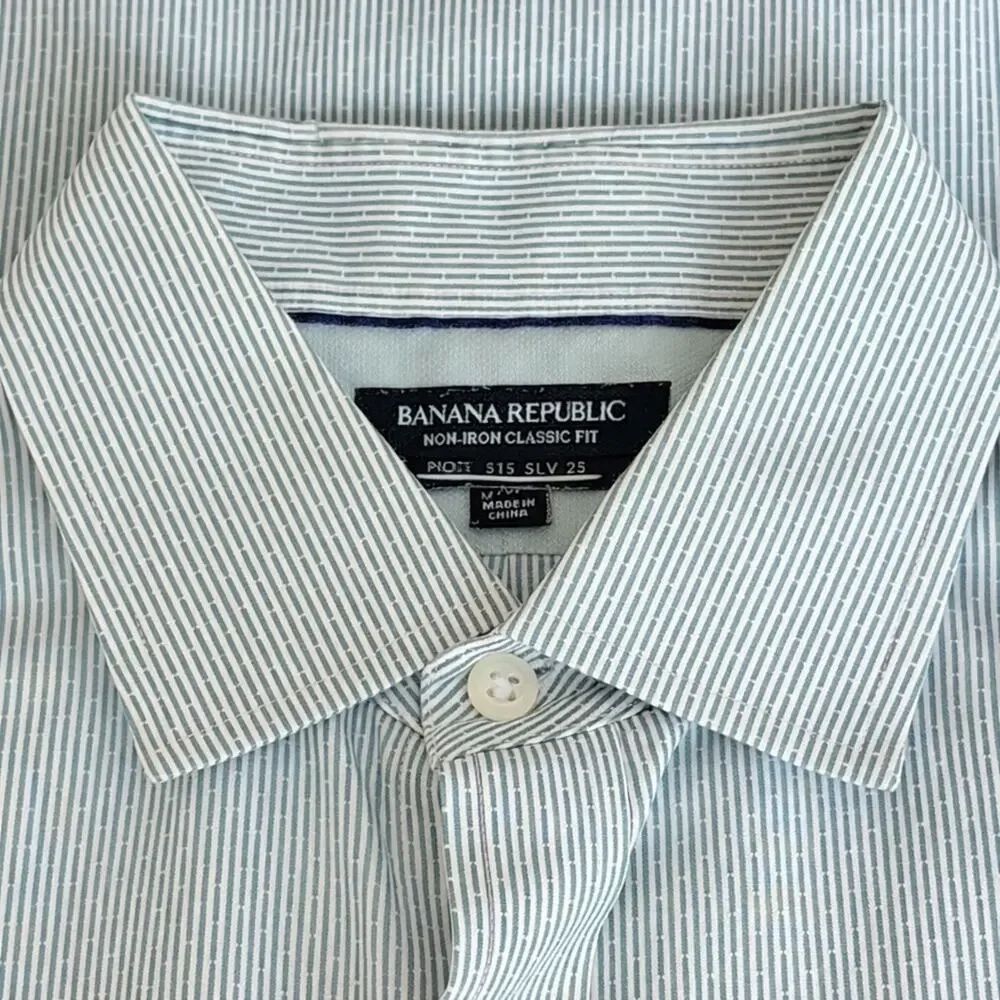 Banana Republic Mens Dress Shirt Non-Iron Classic Fit Green Stripe Neck 15 | 25